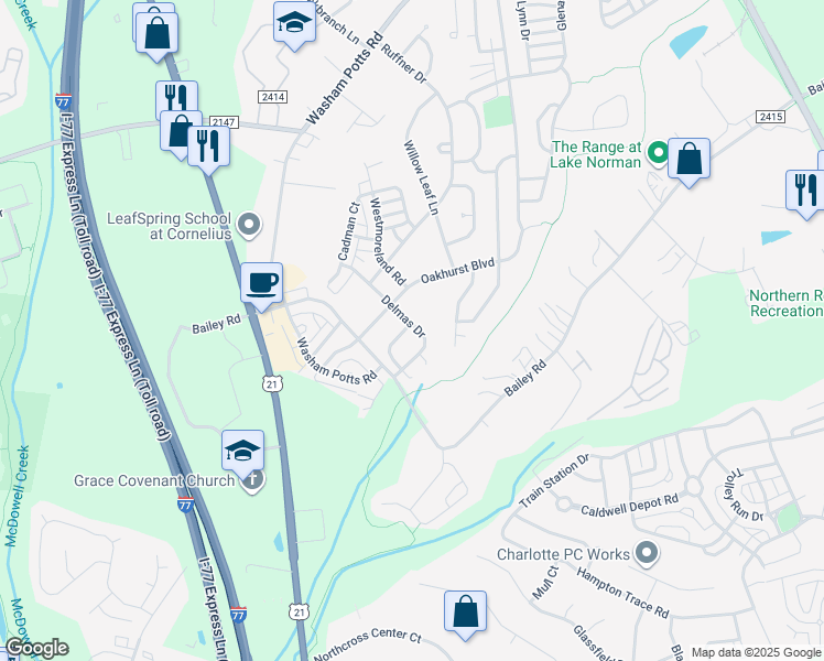 map of restaurants, bars, coffee shops, grocery stores, and more near 17703 Delmas Drive in Cornelius