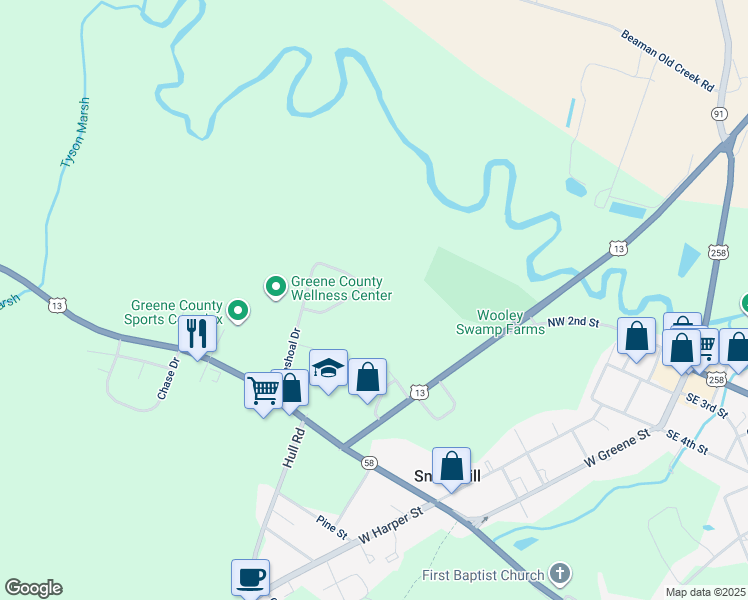 map of restaurants, bars, coffee shops, grocery stores, and more near 117 Carver Drive in Snow Hill