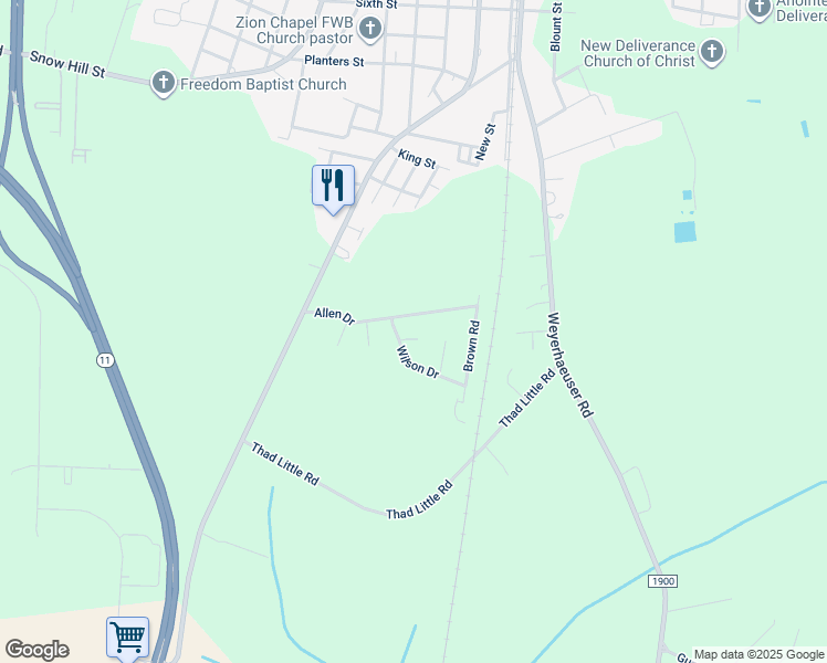 map of restaurants, bars, coffee shops, grocery stores, and more near 313 Luther Circle in Ayden
