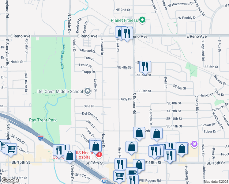map of restaurants, bars, coffee shops, grocery stores, and more near 5013 Judy Drive in Del City