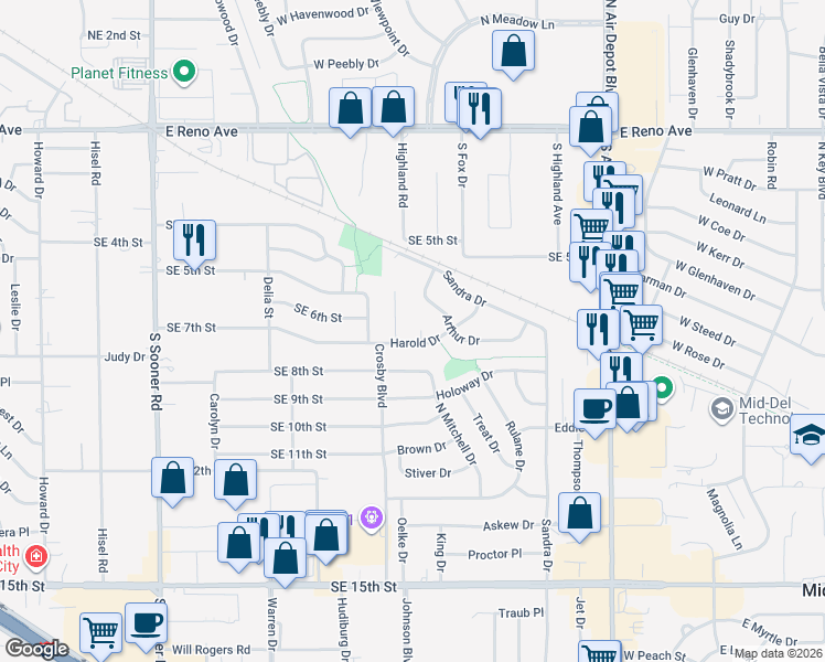 map of restaurants, bars, coffee shops, grocery stores, and more near 1012 Harold Drive in Midwest City
