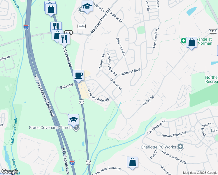 map of restaurants, bars, coffee shops, grocery stores, and more near 18629 Shawnee Ridge Road in Cornelius