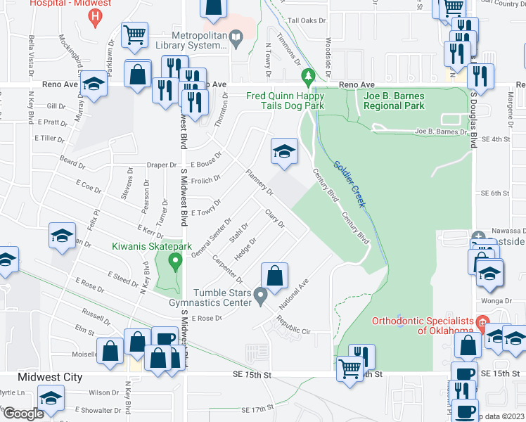 map of restaurants, bars, coffee shops, grocery stores, and more near 840 Stahl Drive in Midwest City