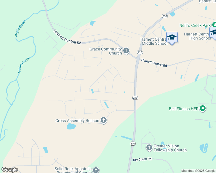 map of restaurants, bars, coffee shops, grocery stores, and more near 56 Better Day Way in Lillington