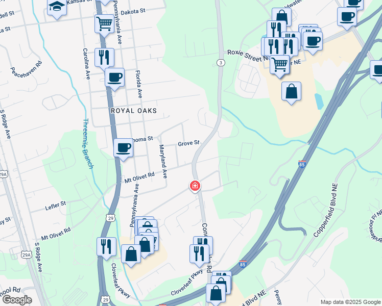 map of restaurants, bars, coffee shops, grocery stores, and more near 1116 Grove Street in Kannapolis