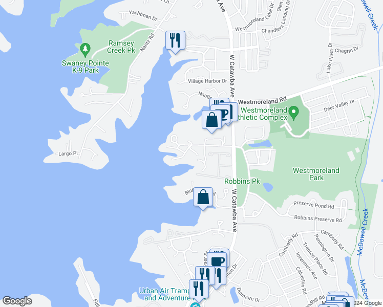 map of restaurants, bars, coffee shops, grocery stores, and more near 17904 Kings Point Drive in Cornelius