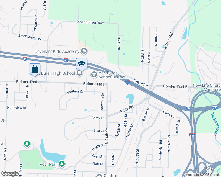 map of restaurants, bars, coffee shops, grocery stores, and more near 1600 North 25th Street in Van Buren