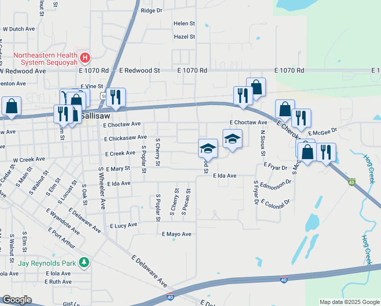 map of restaurants, bars, coffee shops, grocery stores, and more near 861 East Chickasaw Place in Sallisaw