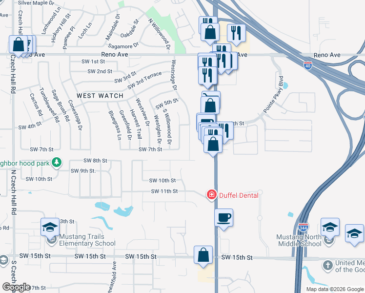 map of restaurants, bars, coffee shops, grocery stores, and more near 713 Westridge Court in Yukon