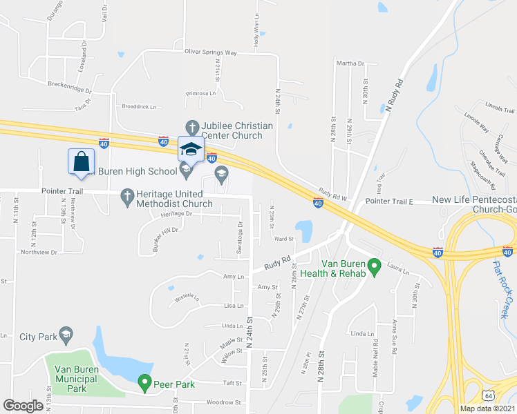 map of restaurants, bars, coffee shops, grocery stores, and more near 1528 North 24th Street in Van Buren