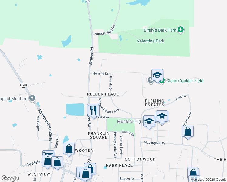 map of restaurants, bars, coffee shops, grocery stores, and more near 340 Brenda Drive in Munford