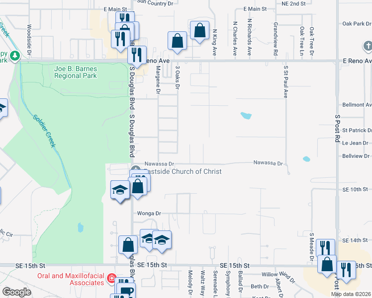 map of restaurants, bars, coffee shops, grocery stores, and more near 704 3 Oaks Drive in Midwest City