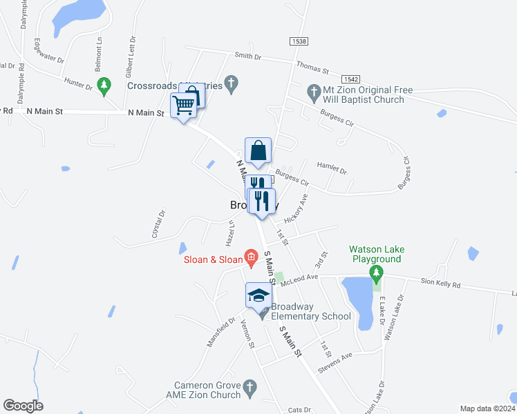map of restaurants, bars, coffee shops, grocery stores, and more near 100 South Main Street in Broadway