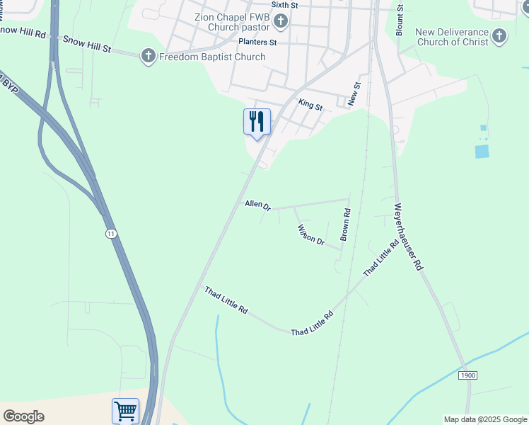 map of restaurants, bars, coffee shops, grocery stores, and more near Rusk Road in Ayden