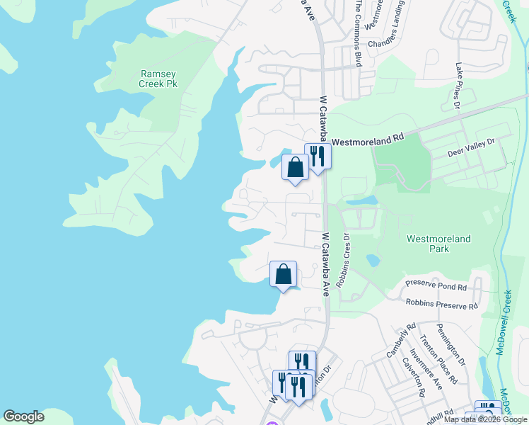 map of restaurants, bars, coffee shops, grocery stores, and more near 17904 Kings Point Drive in Cornelius