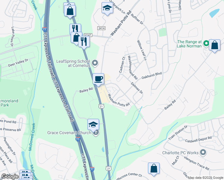 map of restaurants, bars, coffee shops, grocery stores, and more near 9670 Bailey Road in Cornelius