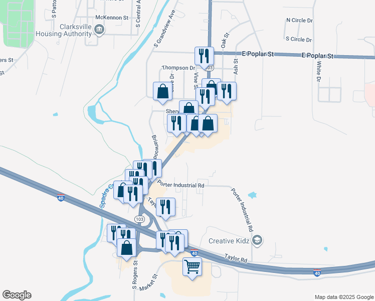 map of restaurants, bars, coffee shops, grocery stores, and more near 1147 South Rogers Street in Clarksville