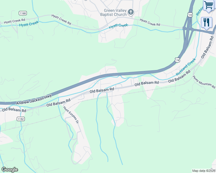 map of restaurants, bars, coffee shops, grocery stores, and more near 29 Gibson Drive in Waynesville