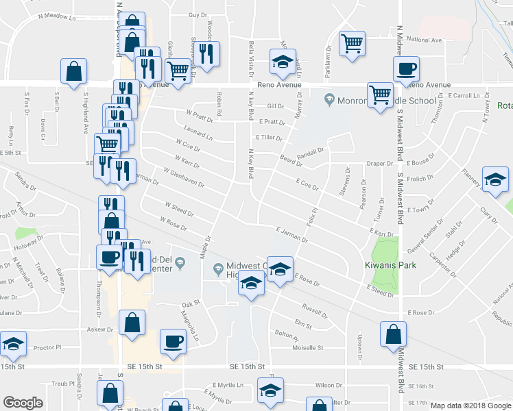 map of restaurants, bars, coffee shops, grocery stores, and more near 1821 Murray Drive in Midwest City