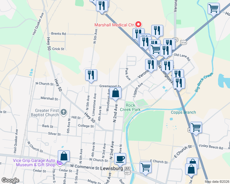 map of restaurants, bars, coffee shops, grocery stores, and more near 215 Greenwood Street in Lewisburg