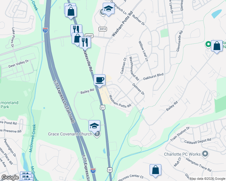 map of restaurants, bars, coffee shops, grocery stores, and more near 9670 Bailey Road in Cornelius