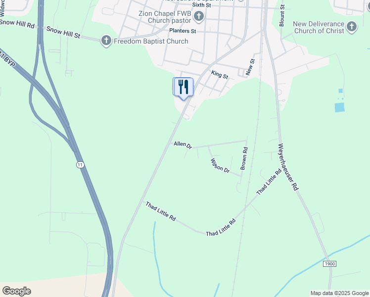map of restaurants, bars, coffee shops, grocery stores, and more near Rusk Road in Ayden