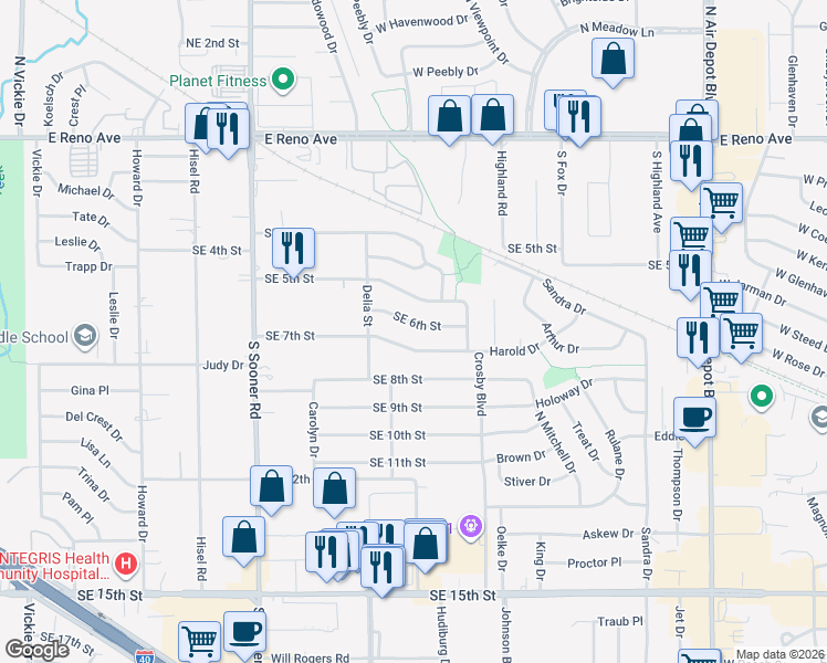map of restaurants, bars, coffee shops, grocery stores, and more near 6112 Southeast 6th Street in Oklahoma City