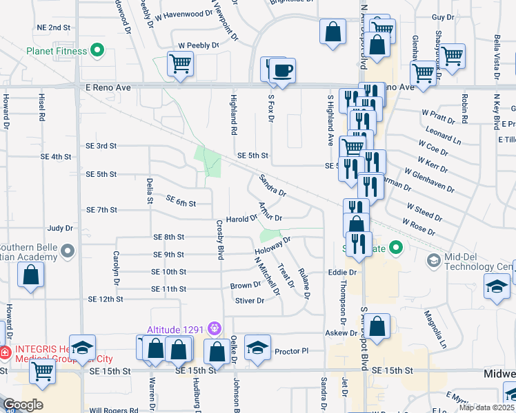 map of restaurants, bars, coffee shops, grocery stores, and more near 920 Arthur Drive in Midwest City