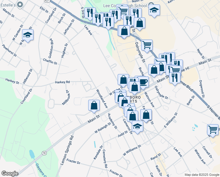 map of restaurants, bars, coffee shops, grocery stores, and more near 300 West Globe Street in Sanford