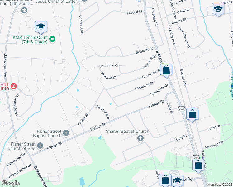map of restaurants, bars, coffee shops, grocery stores, and more near 136 Piedmont Drive in Kannapolis