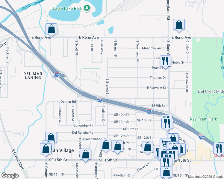 map of restaurants, bars, coffee shops, grocery stores, and more near 3904 East Fairview Street in Del City
