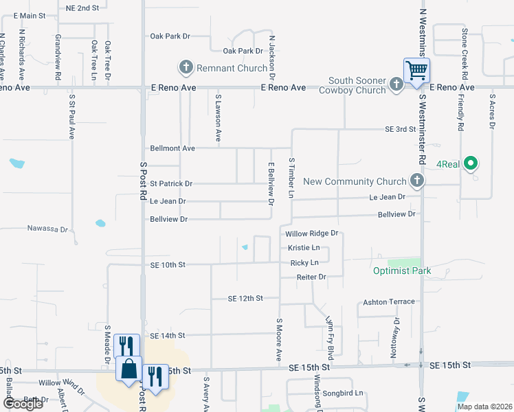 map of restaurants, bars, coffee shops, grocery stores, and more near 721 East Bellview Drive in Midwest City