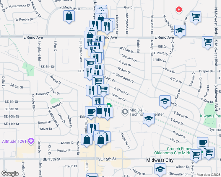 map of restaurants, bars, coffee shops, grocery stores, and more near 233 West Steed Drive in Midwest City