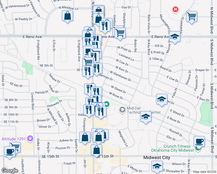 map of restaurants, bars, coffee shops, grocery stores, and more near 228 West Steed Drive in Midwest City