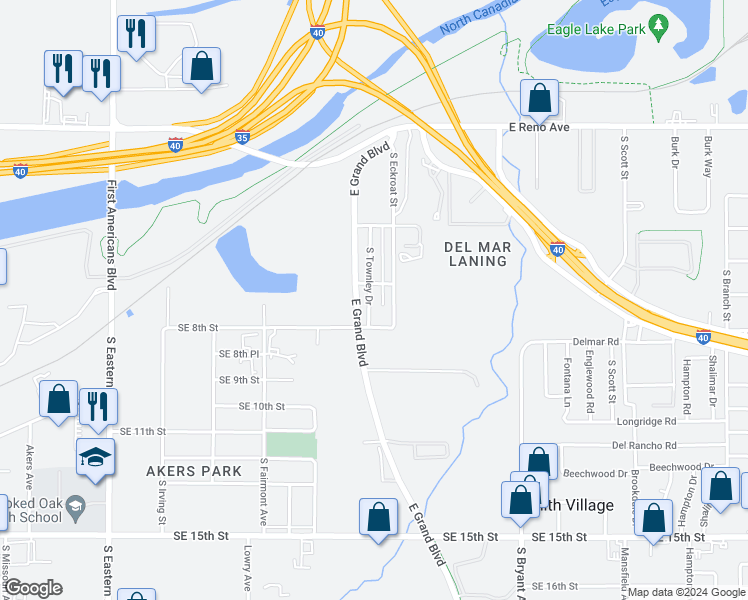 map of restaurants, bars, coffee shops, grocery stores, and more near 700 South Townley Drive in Oklahoma City