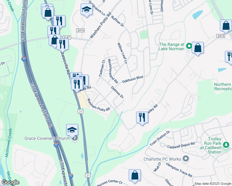 map of restaurants, bars, coffee shops, grocery stores, and more near 17905 Delmas Drive in Cornelius