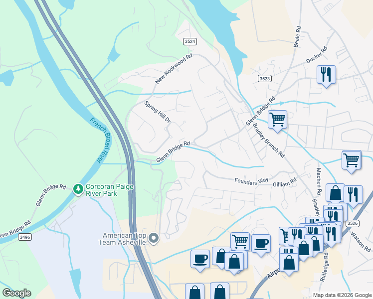 map of restaurants, bars, coffee shops, grocery stores, and more near 314 Glenn Bridge Road in Arden
