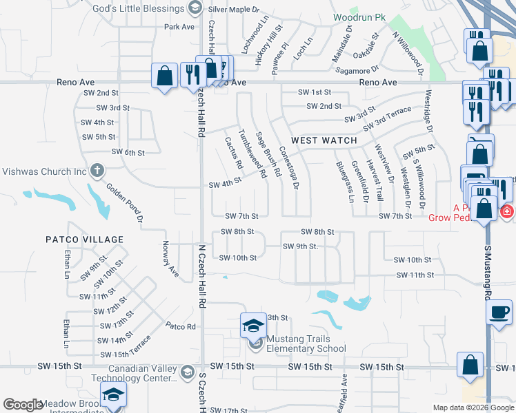 map of restaurants, bars, coffee shops, grocery stores, and more near 701 Tumbleweed Road in Yukon