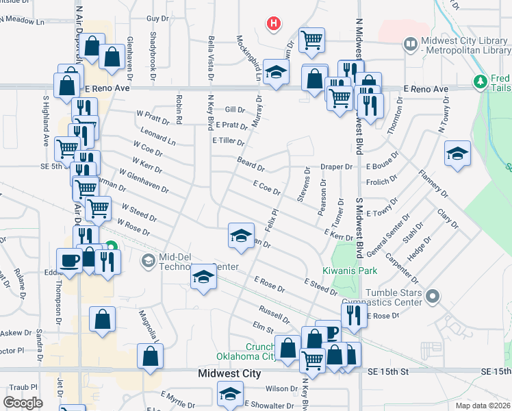 map of restaurants, bars, coffee shops, grocery stores, and more near 237 East Kerr Drive in Midwest City