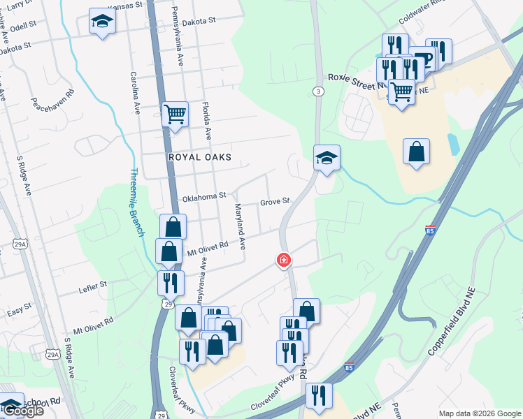 map of restaurants, bars, coffee shops, grocery stores, and more near 1116 Grove Street in Kannapolis