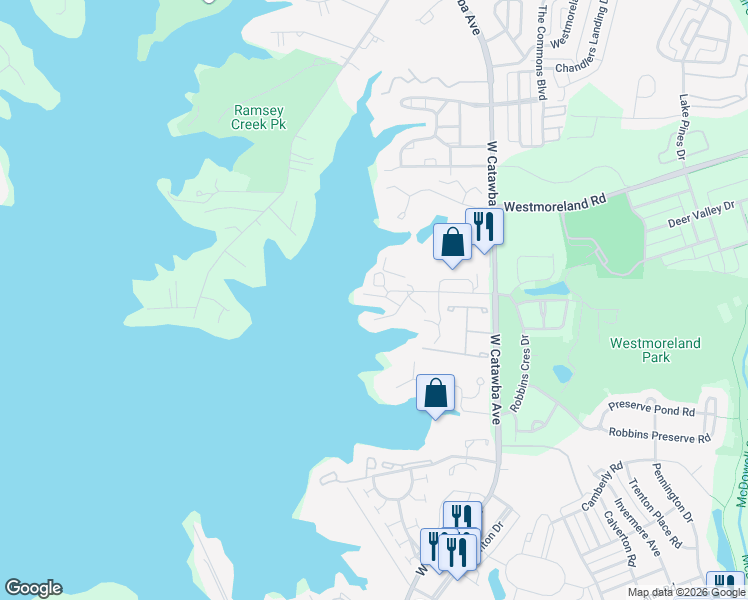 map of restaurants, bars, coffee shops, grocery stores, and more near 18035 Kings Point Drive in Cornelius