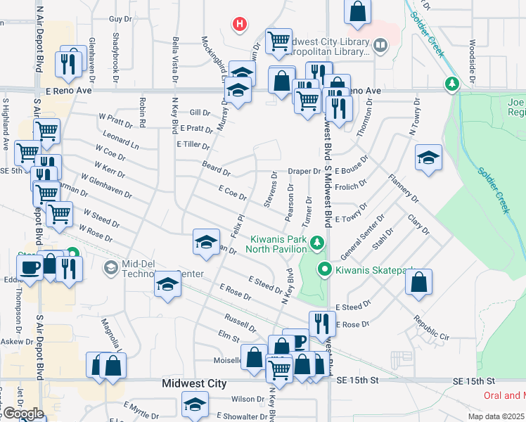 map of restaurants, bars, coffee shops, grocery stores, and more near 313 East Coe Drive in Midwest City