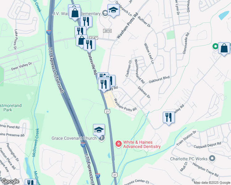map of restaurants, bars, coffee shops, grocery stores, and more near 9258 Washam Potts Road in Cornelius