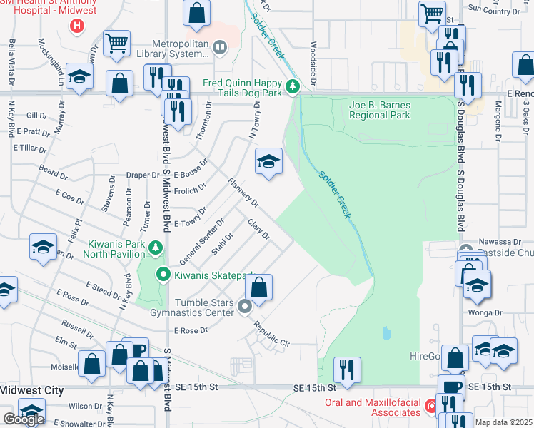 map of restaurants, bars, coffee shops, grocery stores, and more near 2118 Flannery Drive in Midwest City