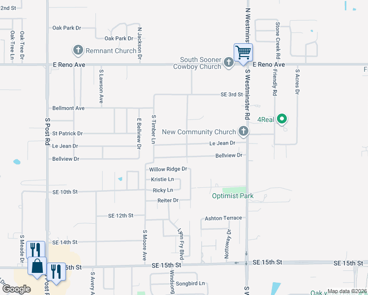 map of restaurants, bars, coffee shops, grocery stores, and more near 10701 Le Jean Drive in Midwest City