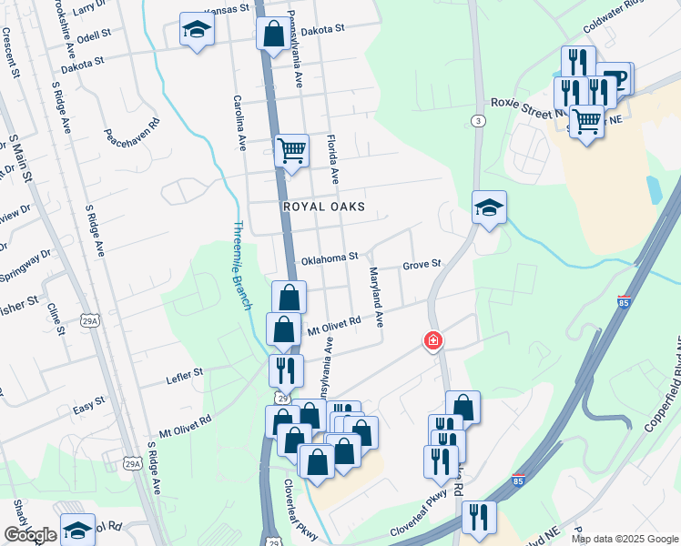 map of restaurants, bars, coffee shops, grocery stores, and more near 2703 Florida Avenue in Kannapolis