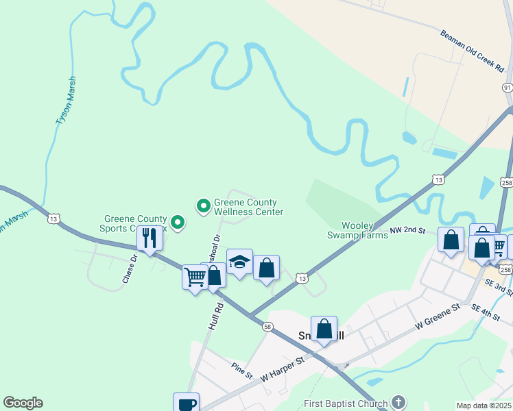 map of restaurants, bars, coffee shops, grocery stores, and more near 321 Pineshoal Drive in Snow Hill