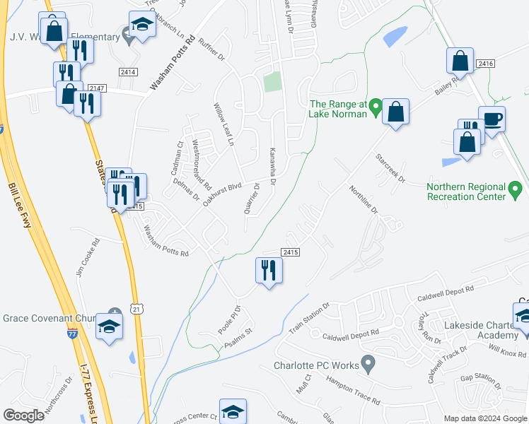 map of restaurants, bars, coffee shops, grocery stores, and more near 18930 Kanawha Drive in Cornelius