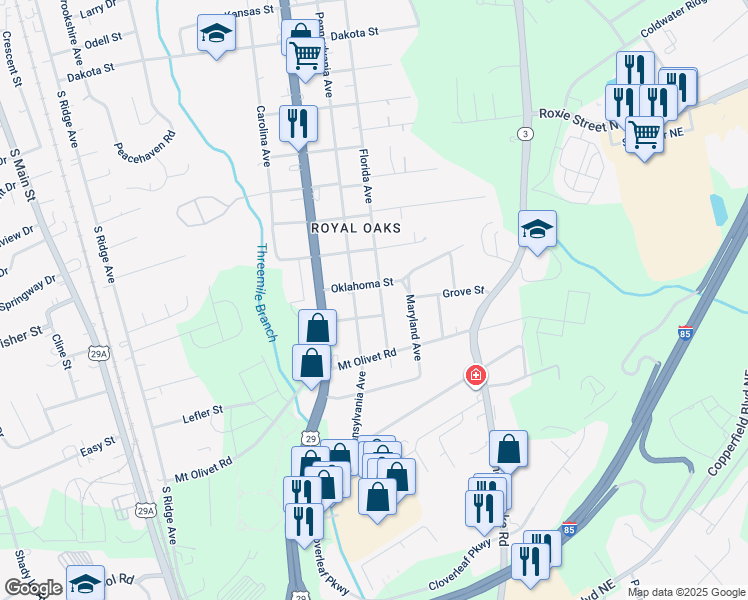 map of restaurants, bars, coffee shops, grocery stores, and more near 2703 Florida Avenue in Kannapolis