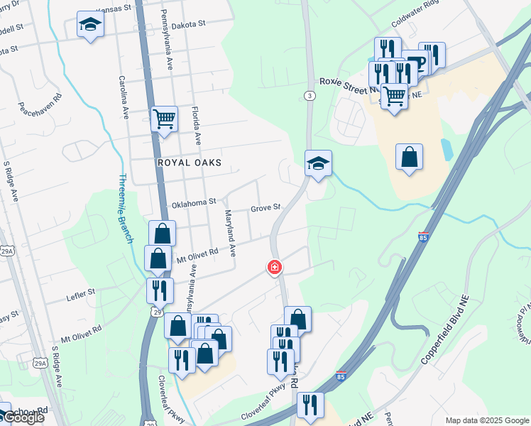 map of restaurants, bars, coffee shops, grocery stores, and more near 1116 Grove Street in Kannapolis